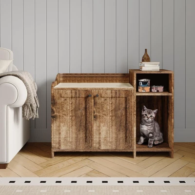 Modern Cat Litter Box Enclosure Furniture - Hidden Cabinet W/Storage, Dog-Proof Design & Double Doors, 33.9" Wooden End Table/Washroom 10 Modern Cat Litter Box Enclosure Furniture - Hidden Cabinet W/Storage, Dog-Proof Design & Double Doors, 33.9" Wooden End Table/Washroom - Image 8