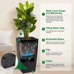 30" Tall Rectangular Planters Set Of 2 – Large Modern Plant Pots With Drainage Holes, Water Level Monitor & Wheels, Black