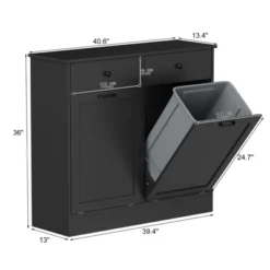 Double Tilt Out Trash Can Cabinet With Deodorising Function, 20 Gallons Freestanding Dog-Proof Garbage Can Cabinet With Hidden Drawers