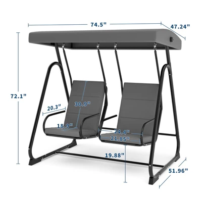 2-Person Patio Swing Chair With Adjustable Canopy & Removable Cushions 3 2-Person Patio Swing Chair With Adjustable Canopy & Removable Cushions
