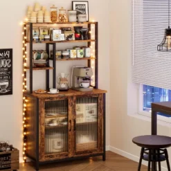 Bakers Rack With Cabinet, 5 Tier Microwave Stand 63.78", Baker Rack With Fluted Door Large Kitchen Oven Stand Tall Bar Cabinet, Retro Brown 14 Bakers Rack With Cabinet, 5 Tier Microwave Stand 63.78", Baker Rack With Fluted Door Large Kitchen Oven Stand Tall Bar Cabinet, Retro Brown -House Beautiful GUEST c9e1ce79 9e40 4d76 bbc5 d0ceceedcdab