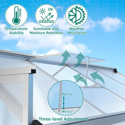 6x8x6.5 Ft Walk-in Greenhouse Large Aluminum Sealed Card Slot Polycarbonate With Roof Vent For Outside Garden Backyard 7 6x8x6.5 Ft Walk-in Greenhouse Large Aluminum Sealed Card Slot Polycarbonate With Roof Vent For Outside Garden Backyard - Image 5