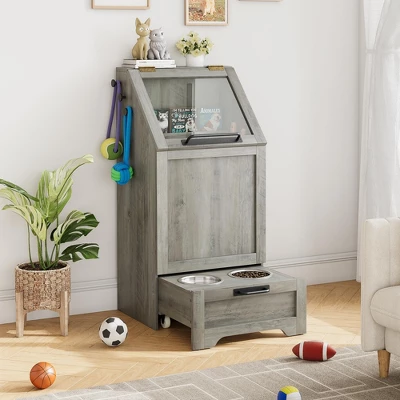 Large Dog Food Storage Cabinet With Flip Top - Pet Feeding Station & Organizer W/Transparent Lid, Side Hooks For Leashes - Multi-Functional Furniture 11 Large Dog Food Storage Cabinet With Flip Top - Pet Feeding Station & Organizer W/Transparent Lid, Side Hooks For Leashes - Multi-Functional Furniture - Image 9