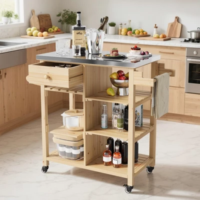 Solid Wood Outdoor Grill Cart Storage Cabinet With Stainless Steel Table Top, Patio Bar Table With Lockable Wheels For Garden And Porch, Natural 6 Solid Wood Outdoor Grill Cart Storage Cabinet With Stainless Steel Table Top, Patio Bar Table With Lockable Wheels For Garden And Porch, Natural - Image 4