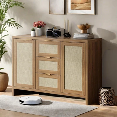 Modern Rattan Buffet Cabinet Sideboard With Storage,47" Boho Credenza Buffet Console Table With Drawers&Doors,Wooden Coffee Bar Cabinet 5 Modern Rattan Buffet Cabinet Sideboard With Storage,47" Boho Credenza Buffet Console Table With Drawers&Doors,Wooden Coffee Bar Cabinet - Image 3