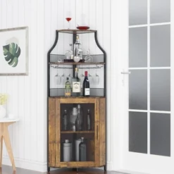 5-Tier Corner Bar Cabinet With Glass Holder & Barn Door, Farmhouse Liquor Storage With Adjustable Shelf For Kitchen, Dining Room, Home Bar, Retro -House Beautiful GUEST cad1b48a 987e 4900 872e 3a8cec76f256