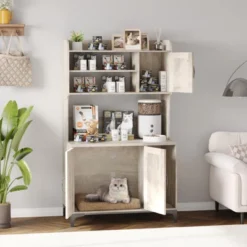 Cat Litter Box Enclosure With Storage Shelves, Hidden Cat Box Furniture With Scratch Pad, Multi-Functional Wooden Pet House & Indoor Washroom, Grey 17 Cat Litter Box Enclosure With Storage Shelves, Hidden Cat Box Furniture With Scratch Pad, Multi-Functional Wooden Pet House & Indoor Washroom, Grey -House Beautiful GUEST caf91de7 b4c3 4323 b3d9 ed0e2c30c3db 2