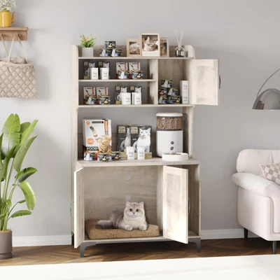 Cat Litter Box Enclosure With Storage Shelves, Hidden Cat Box Furniture With Scratch Pad, Multi-Functional Wooden Pet House & Indoor Washroom, Grey 8 Cat Litter Box Enclosure With Storage Shelves, Hidden Cat Box Furniture With Scratch Pad, Multi-Functional Wooden Pet House & Indoor Washroom, Grey - Image 6