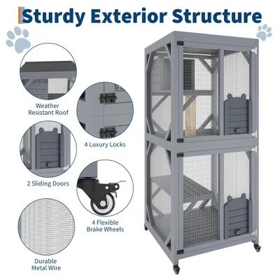 Jojoka Pet 4-Tier Wood Catio Outdoor Window Cat Enclosure, Cat House On Wheels With Scratch Post, Resting Box, Platforms, Sliding Doors, Weatherproof 5 Jojoka Pet 4-Tier Wood Catio Outdoor Window Cat Enclosure, Cat House On Wheels With Scratch Post, Resting Box, Platforms, Sliding Doors, Weatherproof - Image 3