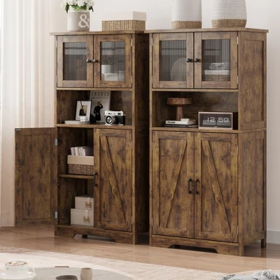 Kitchen Pantry Cabinets With Glass Doors And Adjustable Shelves, 54in Tall Freestanding Wooden Cupboard With Hutch 4 Kitchen Pantry Cabinets With Glass Doors And Adjustable Shelves, 54in Tall Freestanding Wooden Cupboard With Hutch - Image 2