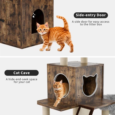 Cat Tree With Hidden Litter Box Enclosure, 2-in-1 Modern Cat Tower Condo With Sisal Scratching Posts Plush Perch Ventilated Design 4 Cat Tree With Hidden Litter Box Enclosure, 2-in-1 Modern Cat Tower Condo With Sisal Scratching Posts Plush Perch Ventilated Design - Image 2