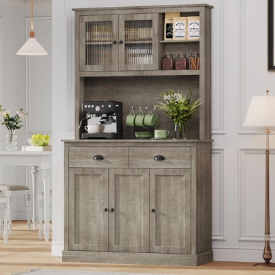 Tall Kitchen Pantry Cabinet With Doors And Shelves & Drawer Anti-Tipping Device Farmhouse Kitchen Hutch With Microwave Stand 7 Tall Kitchen Pantry Cabinet With Doors And Shelves & Drawer Anti-Tipping Device Farmhouse Kitchen Hutch With Microwave Stand - Image 5
