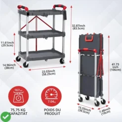 3-Layer Folding Cart Portable Service Trolley Collapsible Utility Carts 56 Lbs Load Capacity