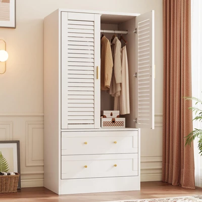 Wooden Armoire Wardrobe Closet - 2 Doors & 2 Drawers, Freestanding Bedroom Storage Cabinet With Shelves 3 Wooden Armoire Wardrobe Closet - 2 Doors & 2 Drawers, Freestanding Bedroom Storage Cabinet With Shelves