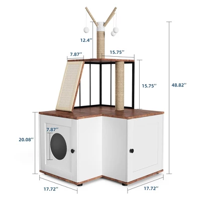 Modern 2-in-1 Cat Tree And Litter Box Enclosure With Odor-Resistant Surfaces, Multi-Level Tower, Durable Climbing Posts, Removable Pompom Sticks 3 Modern 2-in-1 Cat Tree And Litter Box Enclosure With Odor-Resistant Surfaces, Multi-Level Tower, Durable Climbing Posts, Removable Pompom Sticks