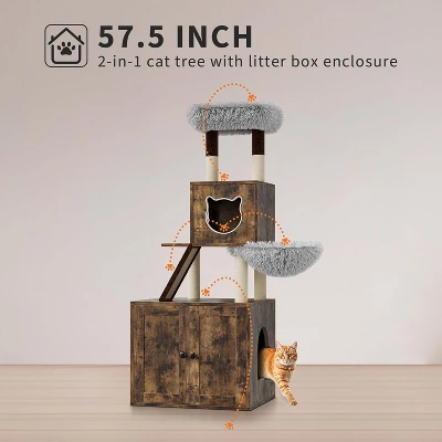 59-Inch Tall Modern Cat Tree With Hidden Litter Box Enclosure – 2-in-1 Cat Tower With Wood House, Scratching Posts, Caves & Washable Cushions 7 59-Inch Tall Modern Cat Tree With Hidden Litter Box Enclosure – 2-in-1 Cat Tower With Wood House, Scratching Posts, Caves & Washable Cushions - Image 5