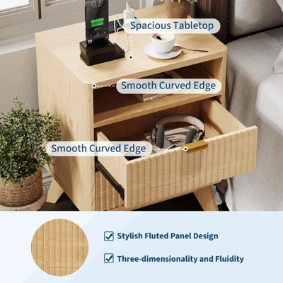 Fluted Night Stand, Wood Fluted Nightstand With Charging Station & 2 Drawers And Open Shelf 5 Fluted Night Stand, Wood Fluted Nightstand With Charging Station & 2 Drawers And Open Shelf - Image 3