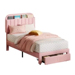 Kids Bed Frame,Twin Kids Bed Frame With Bookcase Headboard, Velvet Upholstered Platform Bed Frame With Under-Bed Drawer 18 Kids Bed Frame,Twin Kids Bed Frame With Bookcase Headboard, Velvet Upholstered Platform Bed Frame With Under-Bed Drawer -House Beautiful GUEST d225bbf0 07ca 4992 b99c efac57e22220