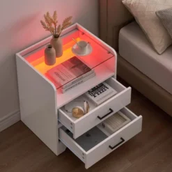 LED Night Stand With 2 Drawers, Smart End Side Table With LED Lights And Glass Top, Modern Bedside Table With Open Storage 11 LED Night Stand With 2 Drawers, Smart End Side Table With LED Lights And Glass Top, Modern Bedside Table With Open Storage -House Beautiful GUEST d25bbaca 1829 4dd5 9610 ec9114dbc31a