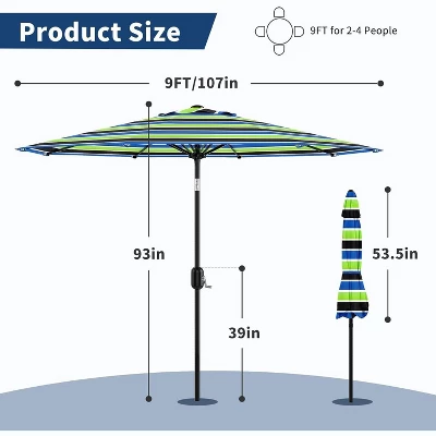 9ft Patio Umbrella, Outdoor Table, UV, Fade, Water Resistant, Crank Lift, Tilt, 8 Ribs, Metal Frame, Tricolor Stripe 6 9ft Patio Umbrella, Outdoor Table, UV, Fade, Water Resistant, Crank Lift, Tilt, 8 Ribs, Metal Frame, Tricolor Stripe - Image 4