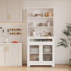 62'' Kitchen Pantry Cabinet With Drawer And Double Glass Doors, Wooden Cabinet With Open Shelves And Countertop -House Beautiful GUEST d354b742 0022 4f89 8d0a 6077e3755dba