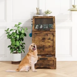 Dog Feeding Station With 2 Elevated Bowls & Food Storage Cabinet – Flip-Top Pet Feeder With Pull-Out Drawer, Stainless Steel Bowls, Brown