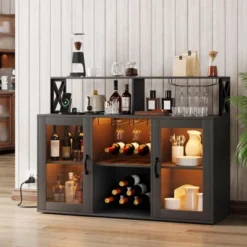 Freestanding Liquor Cabinet Bar For Home Living Room, Office, Dining Room, Kitchen Sideboard Bar Cabinet With LED Lights