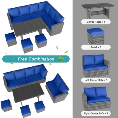 7-Piece Outdoor Wicker Sofa Set With Cushions And Glass Table, Sectional Patio Conversation Furniture For Backyard And Balcony, Grey And Blue 5 7-Piece Outdoor Wicker Sofa Set With Cushions And Glass Table, Sectional Patio Conversation Furniture For Backyard And Balcony, Grey And Blue - Image 3