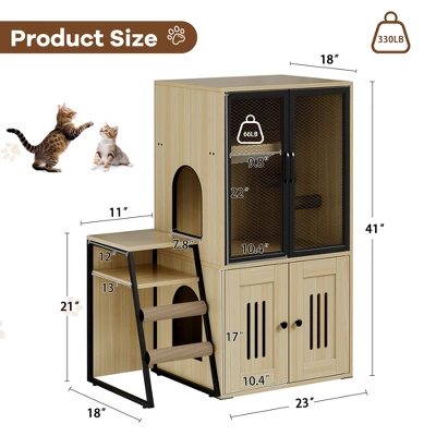 Cat Litter Box Enclosure With Door - Double Layer Cat House With Hammock, Ladder And Scratching Posts, Hidden Enclosed Litter Box Storage Furniture 3 Cat Litter Box Enclosure With Door - Double Layer Cat House With Hammock, Ladder And Scratching Posts, Hidden Enclosed Litter Box Storage Furniture