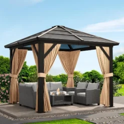 10x10ft Hardtop Gazebo, Outdoor Canopy Aluminum Frame Permanent Gazebo With Netting And Curtains, Polycarbonate Garden Tent For Patio Lawn Backyard