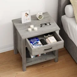 Farmhouse Nightstand, Rustic End Side Table With Drawer And Storage Shelf, Gray Night Stand Bedside Table For Bedroom, Living Room, Small Spaces -House Beautiful GUEST d8155a0f bcb3 4eed 8dbe 828e4f5c5f56