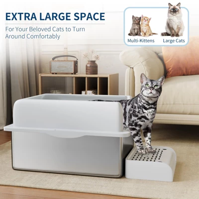 Stainless Steel Cat Litter Box 8/6 Inch, XXL Large Cat Litter Tray With High Side, Platform Step And Scoop For Big Cats Multiple Cats 6 Stainless Steel Cat Litter Box 8/6 Inch, XXL Large Cat Litter Tray With High Side, Platform Step And Scoop For Big Cats Multiple Cats - Image 4