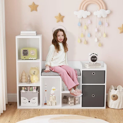 Toy Storage Organizer With Reading Nook, 44.1" Wide Kids Bookshelf, 6-Cubby Bookcase Bench W/ Seat Cushion & 2 Drawers For Nursery, Playroom, Bedroom 6 Toy Storage Organizer With Reading Nook, 44.1" Wide Kids Bookshelf, 6-Cubby Bookcase Bench W/ Seat Cushion & 2 Drawers For Nursery, Playroom, Bedroom - Image 4