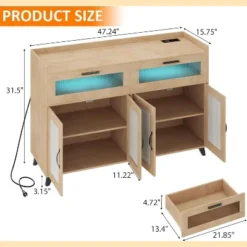 Jojoka 47inch Rustic Sideboard Buffet With Drawers & Doors, Media Console Table With Charging Station And LED Light