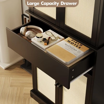 Kitchen Pantry Cabinet, Tall Storage Cabinet With Rattan Doors And Adjustable Shelves, Freestanding Cupboard With Drawer For Bathroom, (Black) 6 Kitchen Pantry Cabinet, Tall Storage Cabinet With Rattan Doors And Adjustable Shelves, Freestanding Cupboard With Drawer For Bathroom, (Black) - Image 4