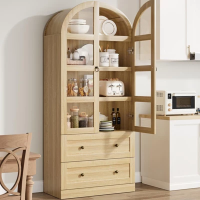 72" Tall Arched Kitchen Pantry Cabinet, Farmhouse Pantry Storage Cabinet With 2 Drawers & Glass Door, Freestanding Versatile Pantry Cabinets 3 72" Tall Arched Kitchen Pantry Cabinet, Farmhouse Pantry Storage Cabinet With 2 Drawers & Glass Door, Freestanding Versatile Pantry Cabinets