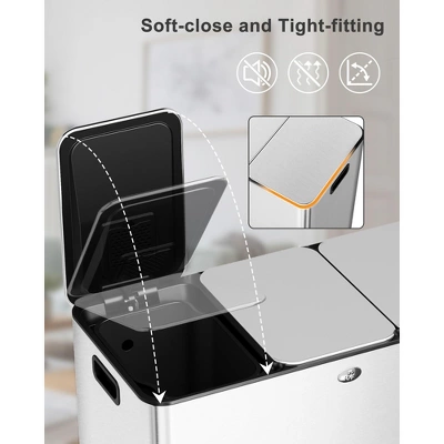 90L Three Compartment Trash Can With Soft-Close Lid, Rectangle Step Trash Can, Fingerprint-Resistant Stainless Steel Garbage Bin For Kitchen 5 90L Three Compartment Trash Can With Soft-Close Lid, Rectangle Step Trash Can, Fingerprint-Resistant Stainless Steel Garbage Bin For Kitchen - Image 3