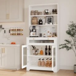 62'' Kitchen Pantry Cabinet With Drawer And Double Glass Doors, Wooden Cabinet With Open Shelves And Countertop -House Beautiful GUEST d9ac14aa c0a2 4d58 89b5 f80fc8e58515