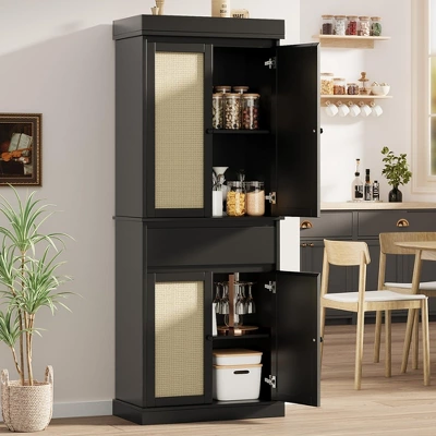 69" Tall Pantry Cabinet, Rattan Kitchen Pantry Storage Cabinet With Doors And Adjustable Shelves, Freestanding Cupboard Cabinet With Drawer 11 69" Tall Pantry Cabinet, Rattan Kitchen Pantry Storage Cabinet With Doors And Adjustable Shelves, Freestanding Cupboard Cabinet With Drawer - Image 9