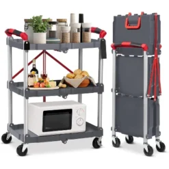 3 Tier Portable Collapsible Service Cart, Foldable Rolling Utility Cart With 360¡ã Swivel Wheels, 2 Brakes, For Home Office Garage, Grey 13 3 Tier Portable Collapsible Service Cart, Foldable Rolling Utility Cart With 360¡ã Swivel Wheels, 2 Brakes, For Home Office Garage, Grey -House Beautiful GUEST db0502a5 d87d 4940 80cc bbb25e641748