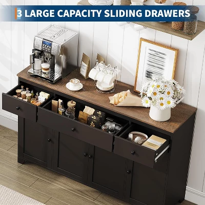 55" Sideboard Buffet Cabinet With Storage, Minimalist Kitchen Storage Cabinet With 3 Drawers & 4 Doors, Farmhouse Buffet Console Table Coffee Bar 4 55" Sideboard Buffet Cabinet With Storage, Minimalist Kitchen Storage Cabinet With 3 Drawers & 4 Doors, Farmhouse Buffet Console Table Coffee Bar - Image 2