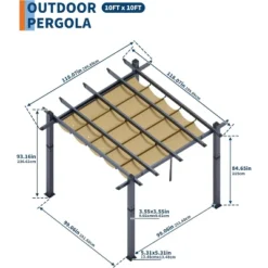10x10ft Heavy Duty Aluminum Pergola With Retractable UV Canopy Water Resistant Gray Frame Khaki Curtains