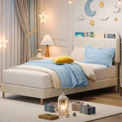 Twin/Twin XL/Full Bed Frames, Velvet Upholstered Platform Bed Frames With Bookcase Headboard, Kids Bed For Girls, Heavy Duty Steel Support Legs