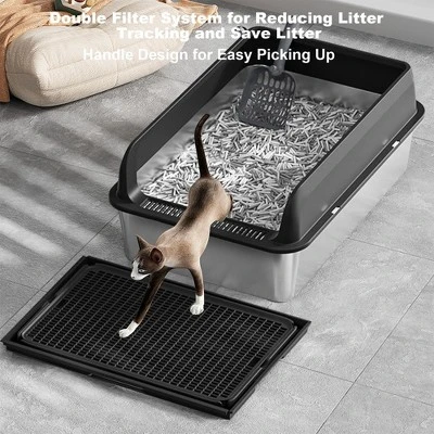 XL Stainless Steel Litter Box With Lid, Litter Box For Big Cats With Sifter Scoop And Double Layer Litter Mat, 8" Deep Metal Cat Litter Box 5 XL Stainless Steel Litter Box With Lid, Litter Box For Big Cats With Sifter Scoop And Double Layer Litter Mat, 8" Deep Metal Cat Litter Box - Image 3