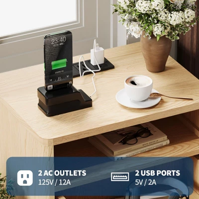 Fluted Night Stand, Wood Fluted Nightstand With Charging Station & 2 Drawers And Open Shelf 6 Fluted Night Stand, Wood Fluted Nightstand With Charging Station & 2 Drawers And Open Shelf - Image 4