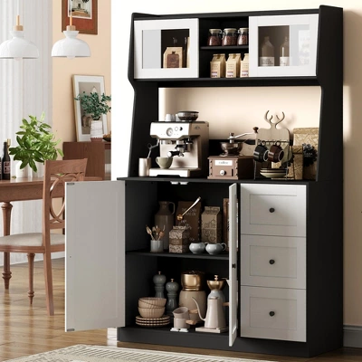 67" Tall Kitchen Hutch Storage Cabinet, Farmhosue Coffee Bar Cabinet With 3 Drawers And LED Lights, Freestanding Food Pantry With Countertop 6 67" Tall Kitchen Hutch Storage Cabinet, Farmhosue Coffee Bar Cabinet With 3 Drawers And LED Lights, Freestanding Food Pantry With Countertop - Image 4
