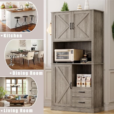 Jojoka Kitchen Pantry Cabinet With Microwave Stand,Bar Cabinet With 2 Drawers And 3 Door Cabinets For Dining Room 6 Jojoka Kitchen Pantry Cabinet With Microwave Stand,Bar Cabinet With 2 Drawers And 3 Door Cabinets For Dining Room - Image 4