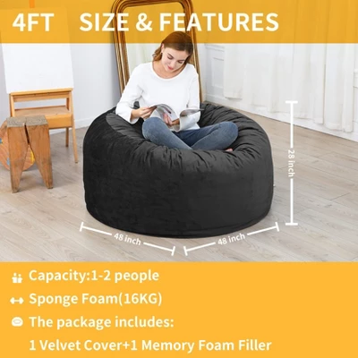 48 Inch Big Huge Giant Bean Bag Chair, Cozy Lazy Sofa With Memory Foam Fillings, Plush Velvet Machine Washable Cover For Adults/Kids, Black 3 48 Inch Big Huge Giant Bean Bag Chair, Cozy Lazy Sofa With Memory Foam Fillings, Plush Velvet Machine Washable Cover For Adults/Kids, Black