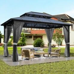 10' X 12' Hardtop Gazebo, Metal Gazebo Aluminum Frame Double Galvanized Steel Roof Curtains And Netting Included Pergolas For Patios Garden Parties