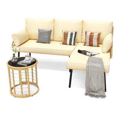 3-Piece L-Shaped Patio Furniture Set, All-Weather Outdoor Sectional Sofa With Cushions & Glass Coffee Table 9 3-Piece L-Shaped Patio Furniture Set, All-Weather Outdoor Sectional Sofa With Cushions & Glass Coffee Table - Image 7